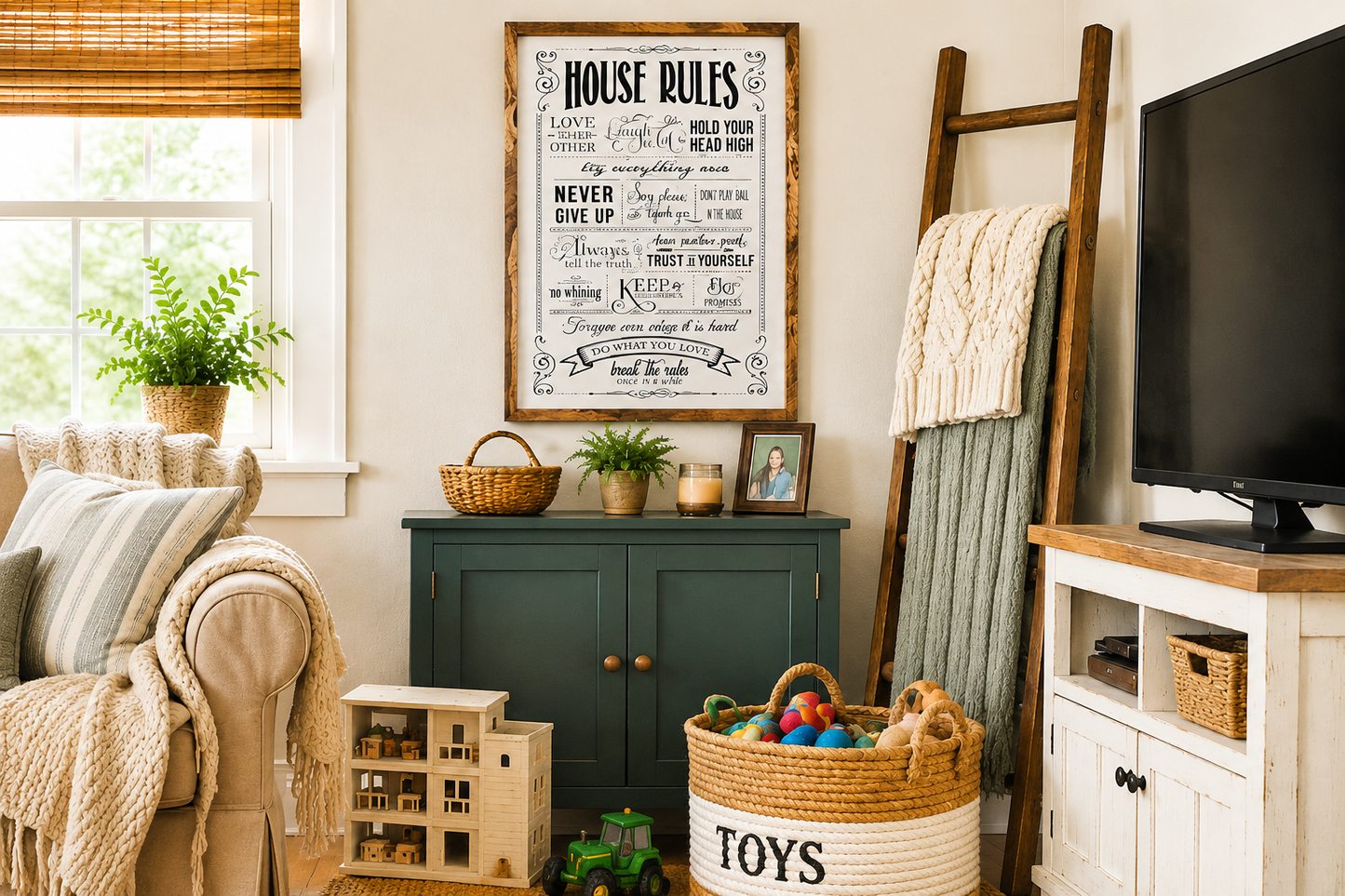 House Rules Wood Sign | Family Rules Wall Decor | Farmhouse Living Room Sign | Cottagecore & Boho Home Decor | Handcrafted Wooden Wall Art