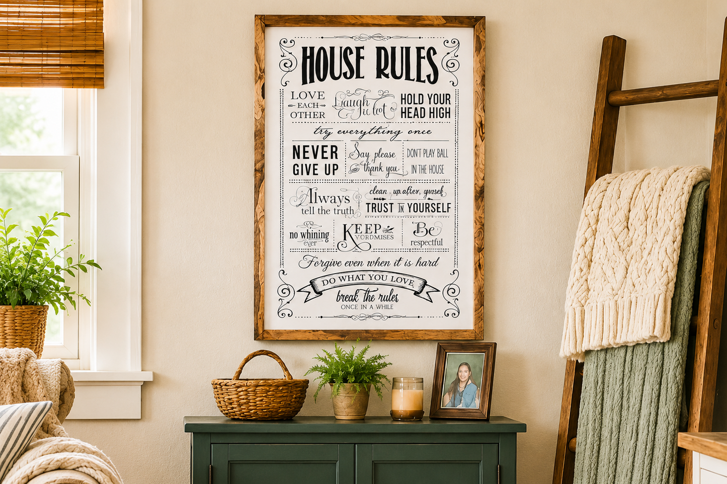 House Rules Wood Sign | Family Rules Wall Decor | Farmhouse Living Room Sign | Cottagecore & Boho Home Decor | Handcrafted Wooden Wall Art