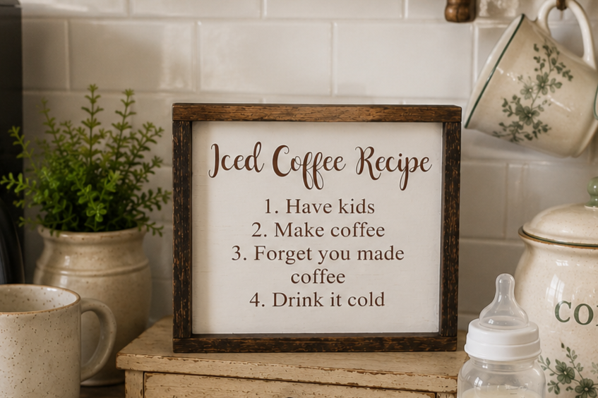 Funny Iced Coffee Recipe Sign | Farmhouse Coffee Bar Decor | Mom Coffee Sign | Handcrafted Painted Wood Kitchen Sign
