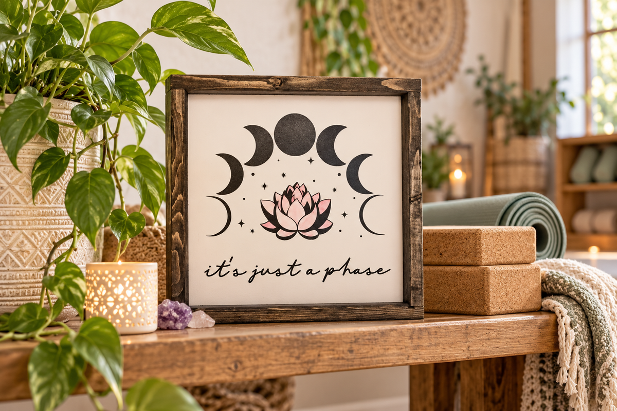 It's Just a Phase Wood Sign | Moon Phase Wall Art | Boho Farmhouse Decor | Lotus Flower Sign | Mindfulness Gift | Self Love Decor