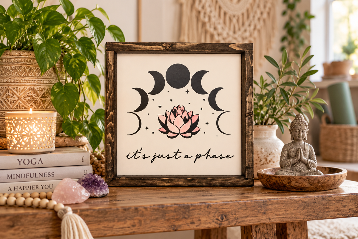 It's Just a Phase Wood Sign | Moon Phase Wall Art | Boho Farmhouse Decor | Lotus Flower Sign | Mindfulness Gift | Self Love Decor