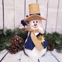 Handmade Fleece Snowman Decor with Blue Plaid Vest, Burlap Top Hat and Gold Poinsettia