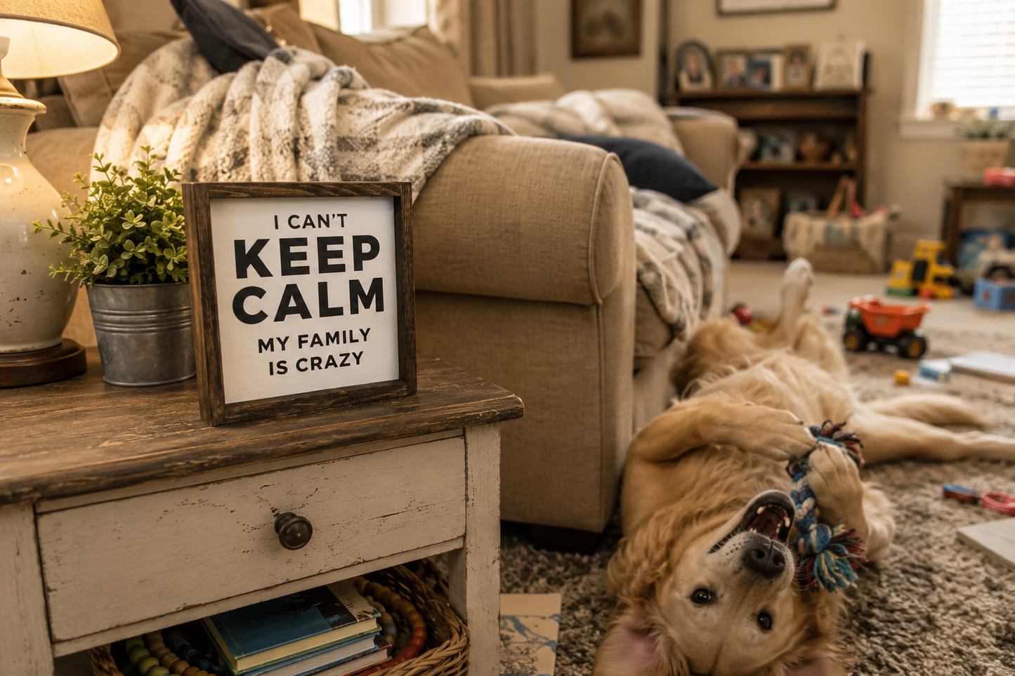 Funny Family Sign | I Can't Keep Calm My Family Is Crazy | Farmhouse Living Room Decor | Rustic Wood Sign | Family Room Shelf Decor | Funny Housewarming Gift
