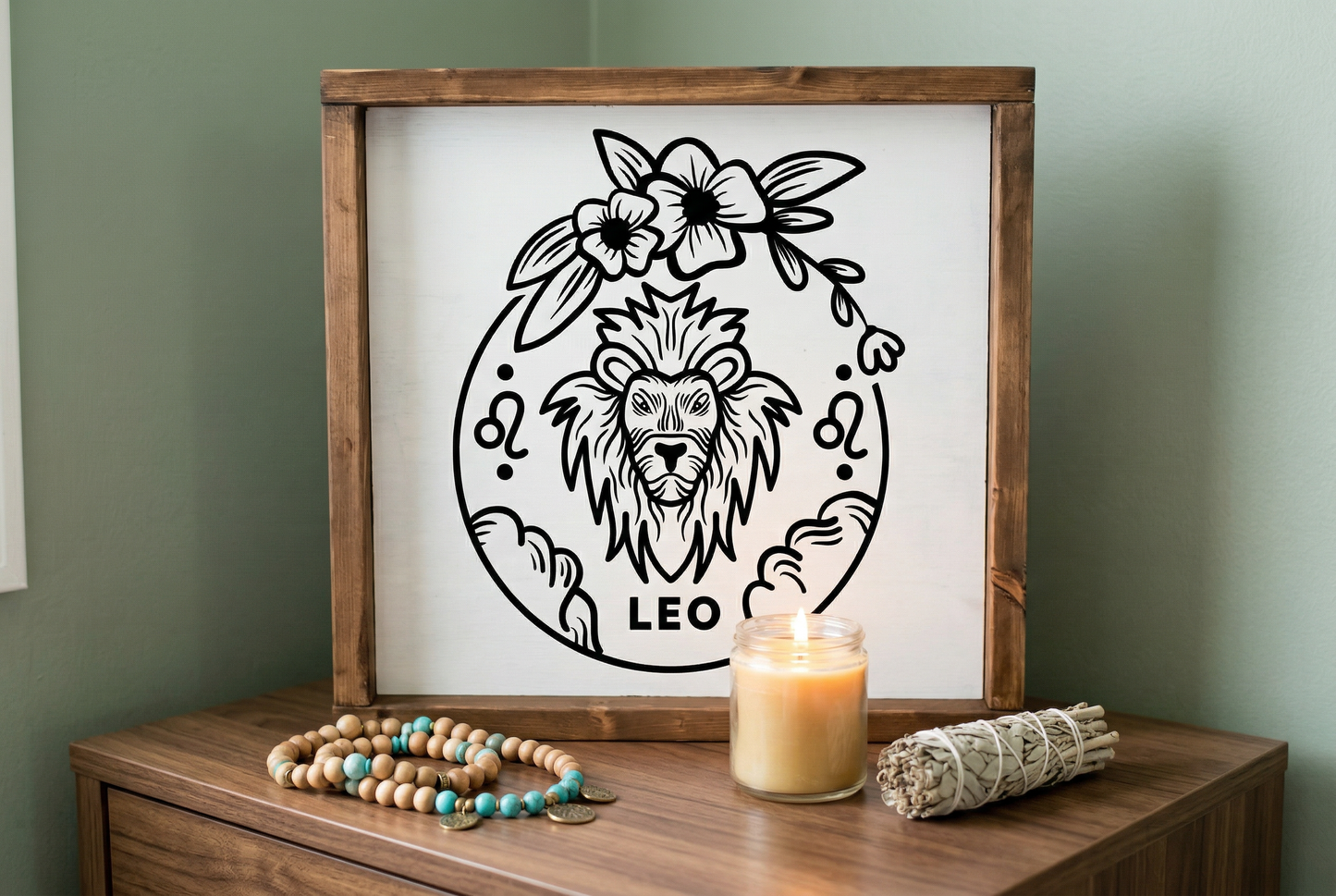 Leo Zodiac Wood Sign, 8x8 Hand Painted Lion Wall Art, Fire Sign Astrology Decor, August Birthday Gift, Minimalist Celestial Star Sign Plaque