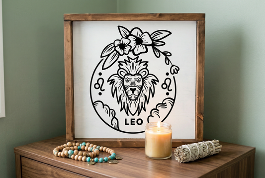 Leo Zodiac Wood Sign, 8x8 Hand Painted Lion Wall Art, Fire Sign Astrology Decor, August Birthday Gift, Minimalist Celestial Star Sign Plaque