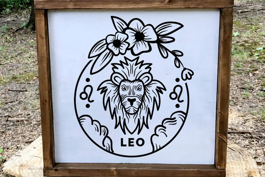 Leo Zodiac Wood Sign, 8x8 Hand Painted Lion Wall Art, Fire Sign Astrology Decor, August Birthday Gift, Minimalist Celestial Star Sign Plaque