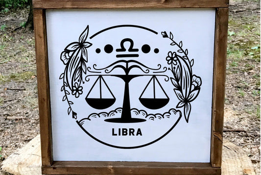 Libra Zodiac Wood Sign, 8x8 Hand Painted Scales Wall Art, Air Sign Astrology Decor, October Birthday Gift, Minimalist Celestial Star Sign
