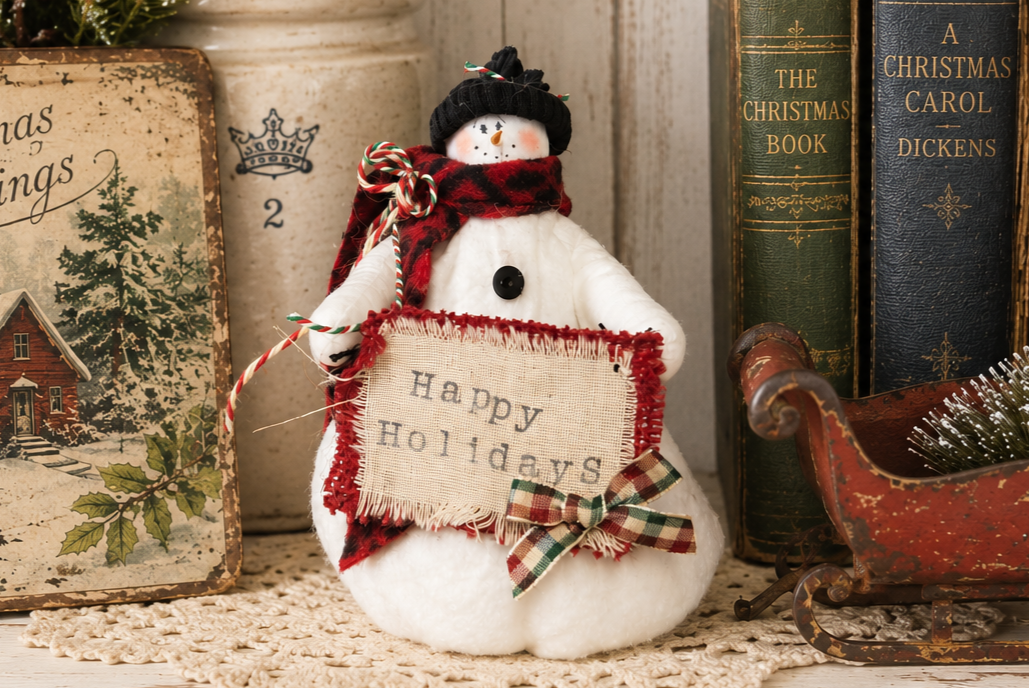 Handmade Fabric Snowman Decor, 6 Inch Christmas Snowman, Primitive Country Holiday Decor, Rustic Farmhouse Christmas Decoration