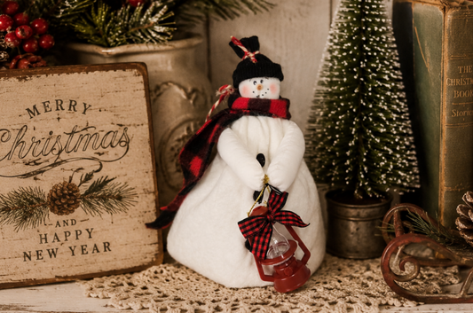 Handmade Fabric Snowman with Lantern, 6 Inch Snowman Decor, Primitive Christmas Snowman, Country Farmhouse Holiday Decoration