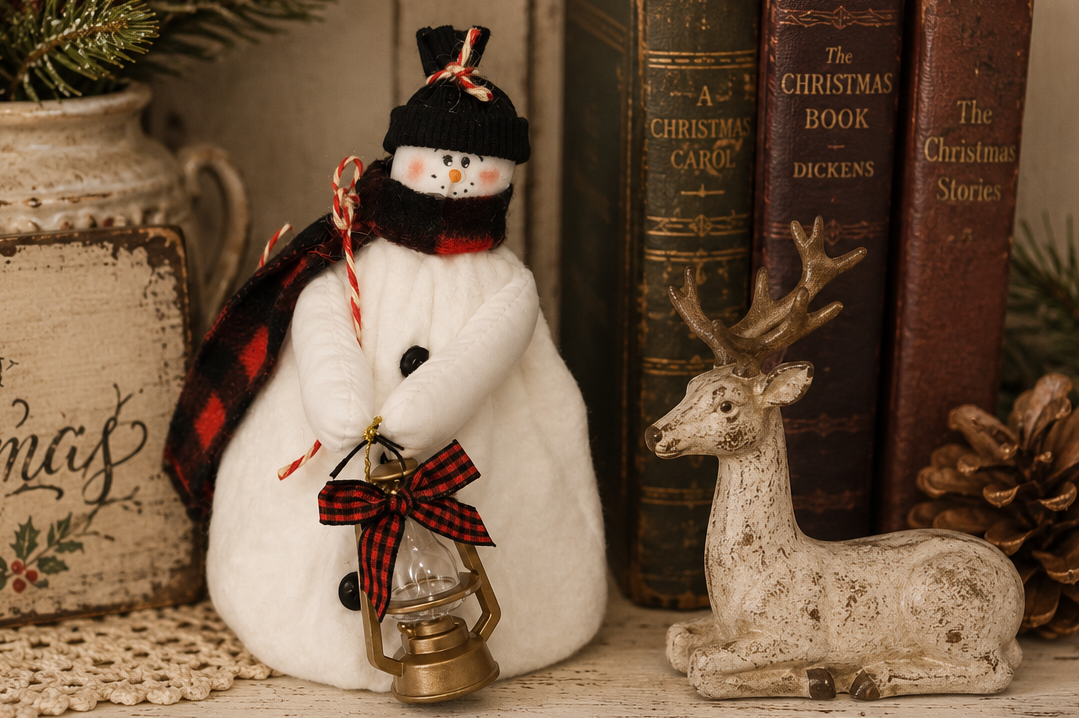 Handmade Fabric Snowman with Lantern, 6 Inch Snowman Decor, Primitive Christmas Snowman, Country Farmhouse Holiday Decoration