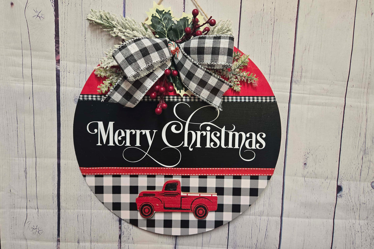 Merry Christmas Buffalo Check, Red Truck, Thin Wood Door Hanger, Wreath, Holiday Wall Decor