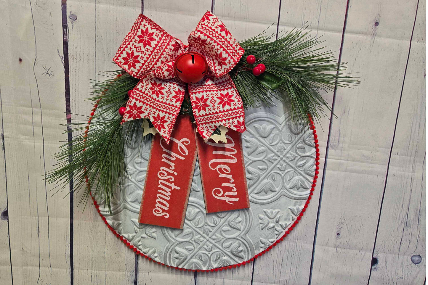 Happy Holidays 12" Faux Tin Door Hanger, Farmhouse Christmas Wreath, Metal Door Sign, Front Door Decoration, Holiday Gift
