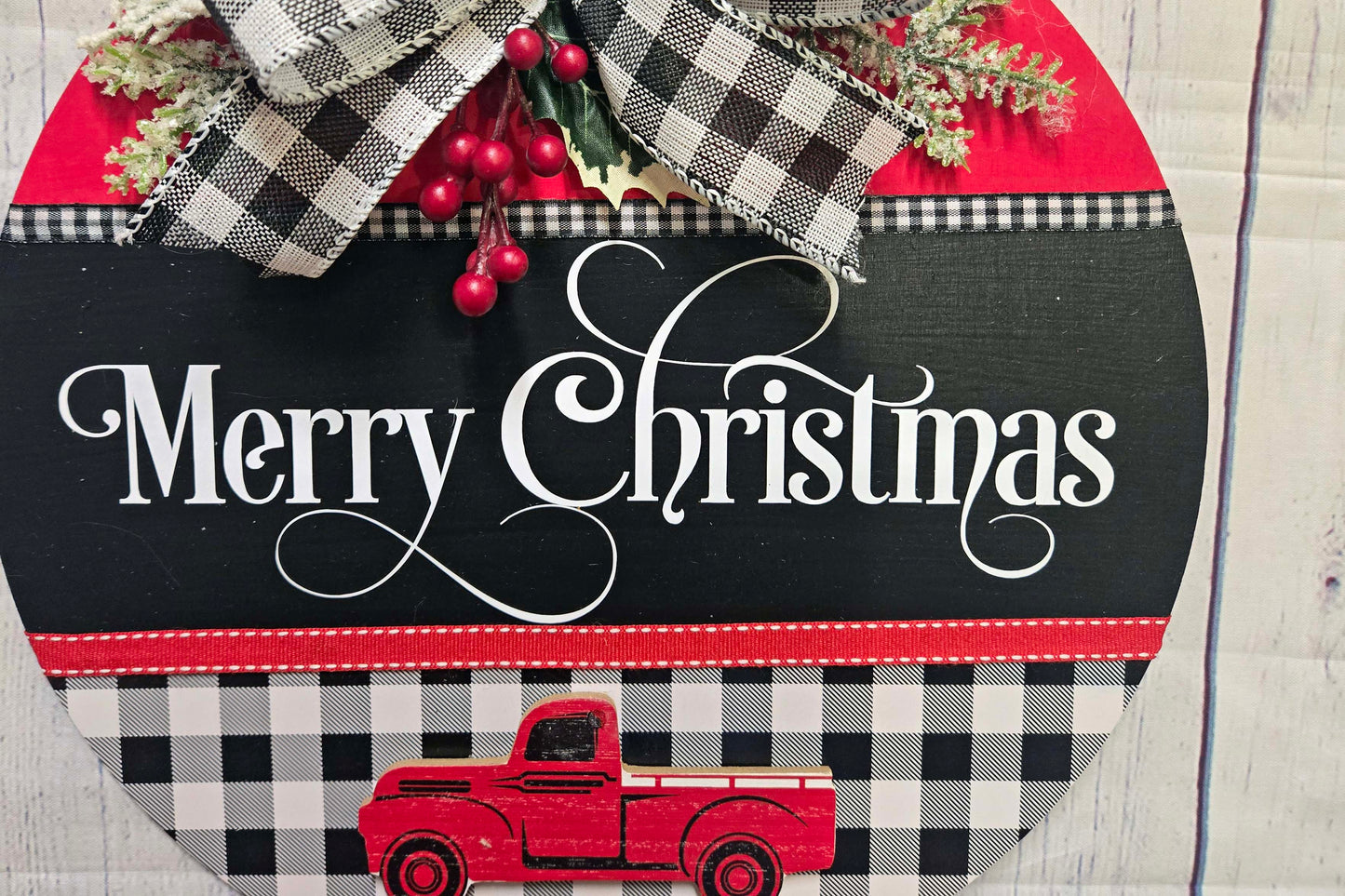 Merry Christmas Buffalo Check, Red Truck, Thin Wood Door Hanger, Wreath, Holiday Wall Decor