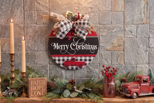 12 Inch Merry Christmas Door Hanger | Red Truck Buffalo Check Wood Sign | Boho Farmhouse Holiday Wreath | Funny Quirky Front Door Decor | Rustic Holiday Mantel Plaque | Christmas Porch Sign Gift