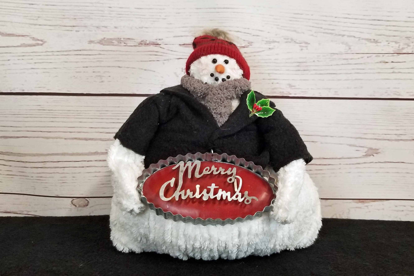 Plush Snowman Shelf Sitter with Merry Christmas Sign, Black Jacket and Red Hat Decor