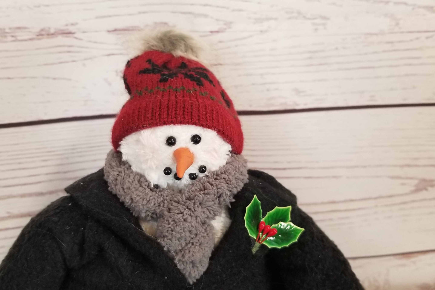 Plush Snowman Shelf Sitter with Merry Christmas Sign, Black Jacket and Red Hat Decor