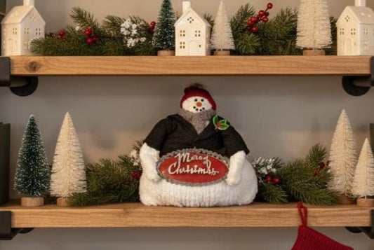 Handmade Plush Dapper Snowman | Vintage Style Merry Christmas Sign | Boho Farmhouse Holiday Shelf Sitter | Festive Winter Mantel Figurine | Funny Quirky Suit Jacket Snowman | Rustic Tabletop Holiday Decor