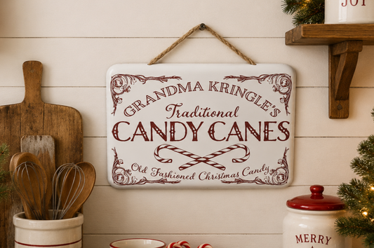 Grandma Kringle’s Candy Canes Metal Christmas Sign, Vintage Holiday Kitchen Decor, Farmhouse Christmas Wall Sign, Candy Cane Decor