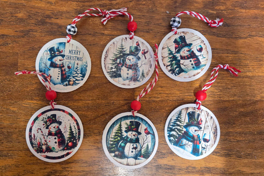 Decoupaged Snowman Wood Round Christmas Tree Ornaments, Gift Tags, Set of 6