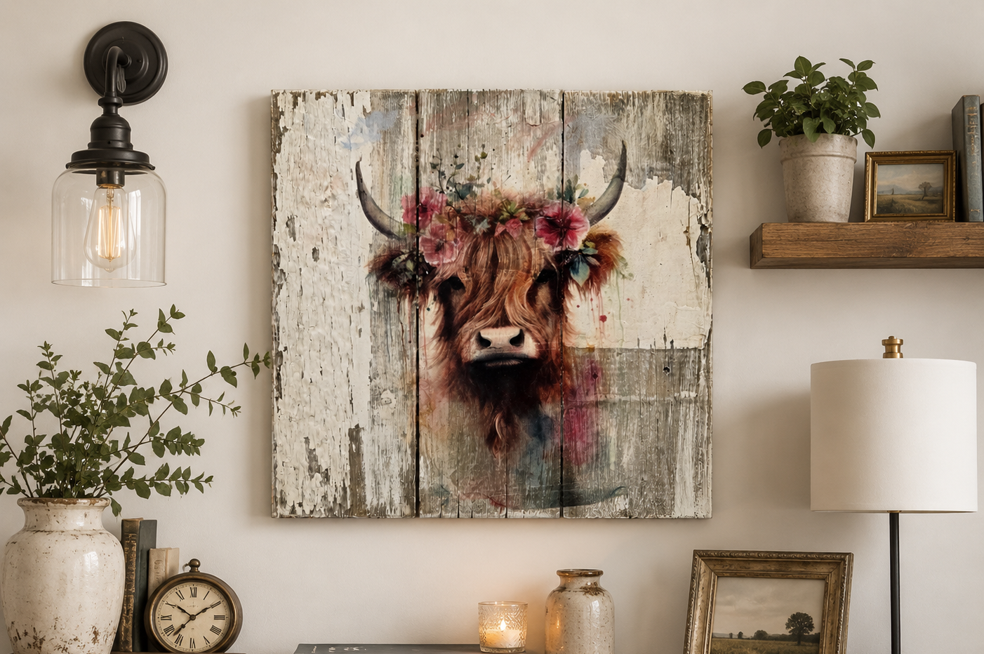 Highland Cow Wall Art on Reclaimed Wood | Rustic Farmhouse Decor | Decoupage Cow Sign | Modern Country Wall Hanging | 10x11