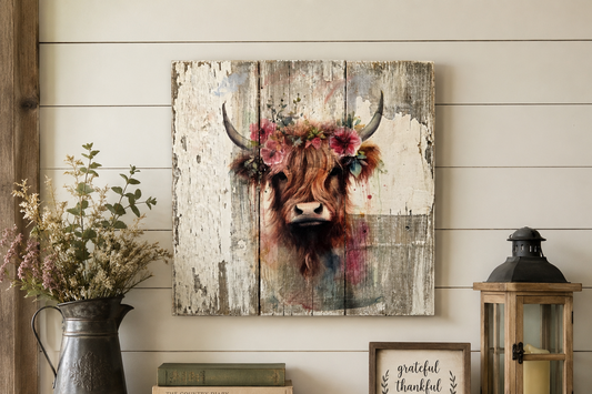 Highland Cow Wall Art on Reclaimed Wood | Rustic Farmhouse Decor | Decoupage Cow Sign | Modern Country Wall Hanging | 10x11