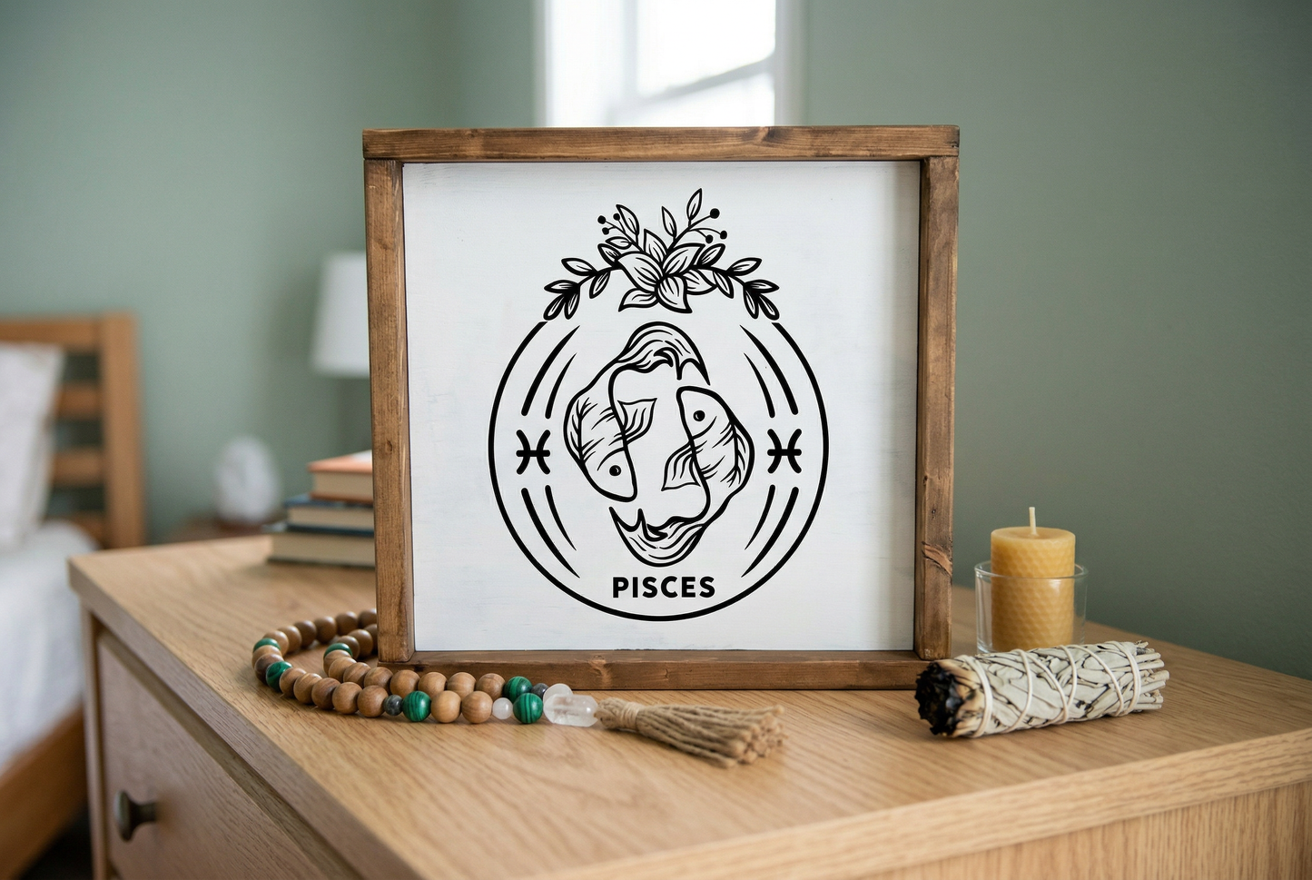 Pisces Zodiac Wood Sign, 8x8 Hand Painted Astrology Wall Art, Celestial Fish Decor, March Birthday Gift for Her, Minimalist Star Sign Plaque