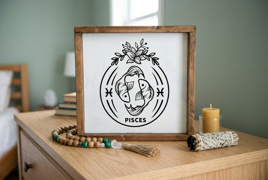 Pisces Zodiac Wood Sign, 8x8 Hand Painted Astrology Wall Art, Celestial Fish Decor, March Birthday Gift for Her, Minimalist Star Sign Plaque