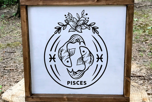Pisces Zodiac Wood Sign, 8x8 Hand Painted Astrology Wall Art, Celestial Fish Decor, March Birthday Gift for Her, Minimalist Star Sign Plaque