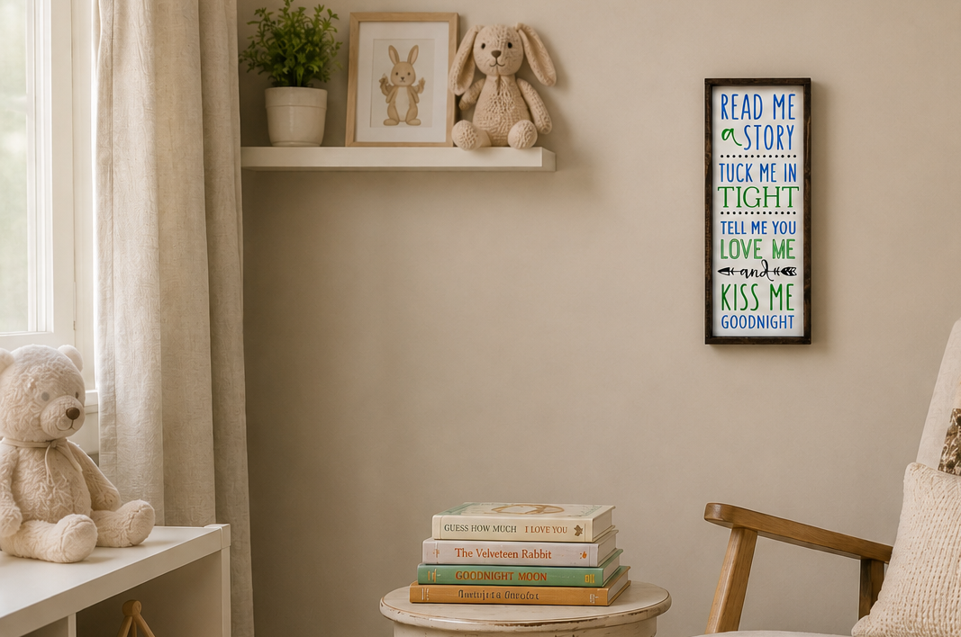 Nursery Wall Sign | Read Me a Story Tuck Me In Kiss Me Goodnight Sign | Farmhouse Nursery Decor | Woodland Baby Room | Baby Shower Gift