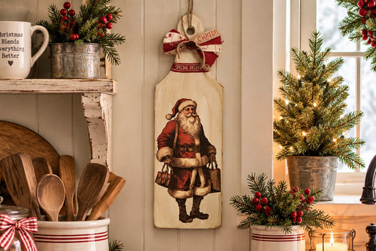 Vintage Santa Cutting Board Decor, Christmas Kitchen Wall Decor, Farmhouse Christmas Sign, Primitive Santa Decor, Rustic Holiday Decoration