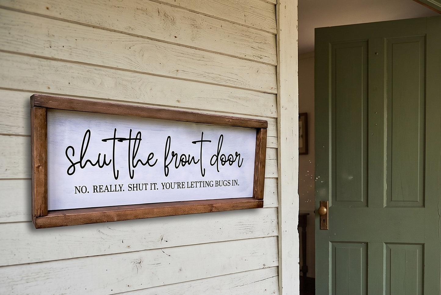 Shut the Front Door Wood Sign | Funny Farmhouse Entryway Decor | Painted Wood Porch Sign | Rustic Home Wall Decor