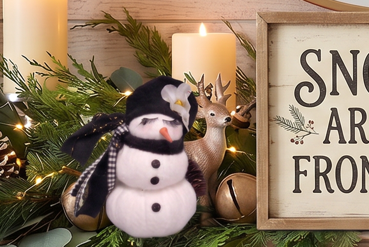 Handmade Glam Snowman Decor | Vintage Eyelash Snowman Figurine | Black and White Plaid Holiday Mantel Decor | Boho Farmhouse Christmas Centerpiece | Funny Whimsical Winter Doll | Quirky Holiday Gift