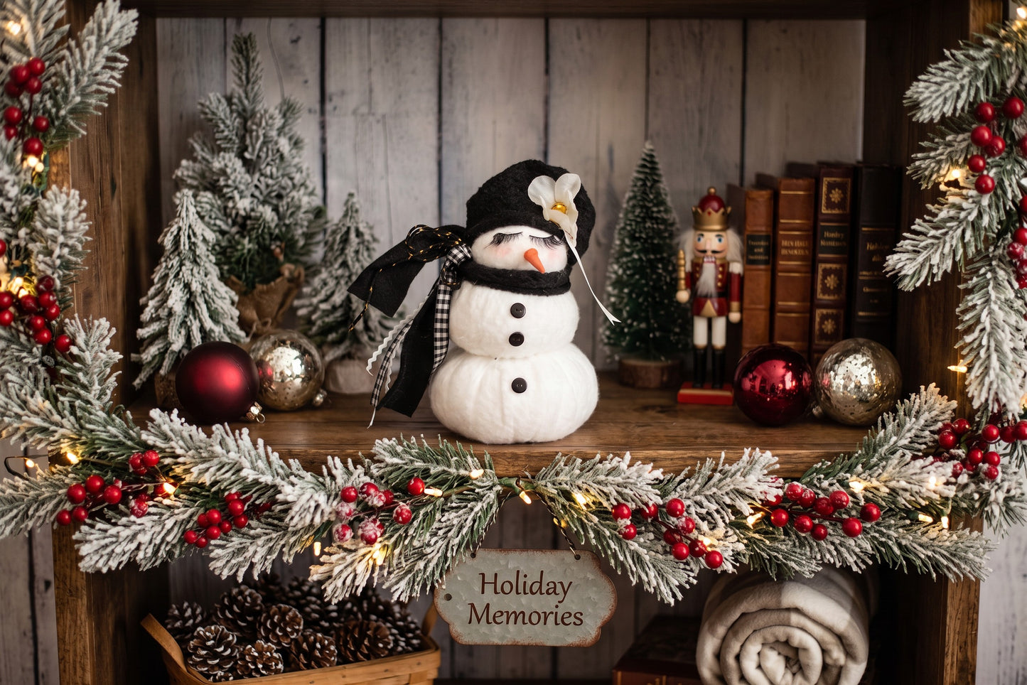 Handmade Glam Snowman Decor | Vintage Eyelash Snowman Figurine | Black and White Plaid Holiday Mantel Decor | Boho Farmhouse Christmas Centerpiece | Funny Whimsical Winter Doll | Quirky Holiday Gift