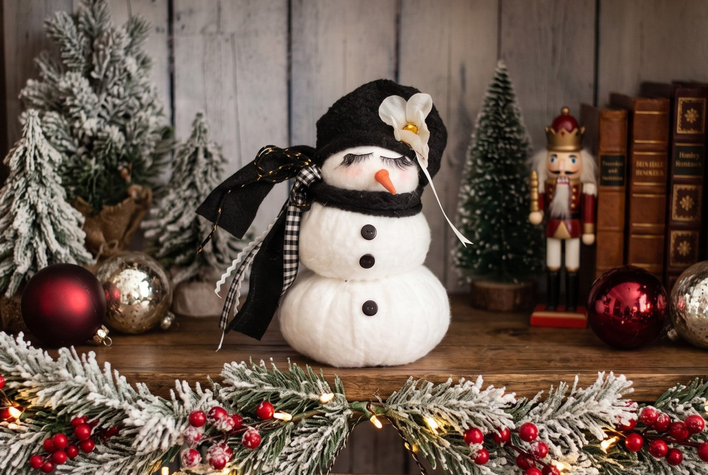 Handmade Glam Snowman Decor | Vintage Eyelash Snowman Figurine | Black and White Plaid Holiday Mantel Decor | Boho Farmhouse Christmas Centerpiece | Funny Whimsical Winter Doll | Quirky Holiday Gift