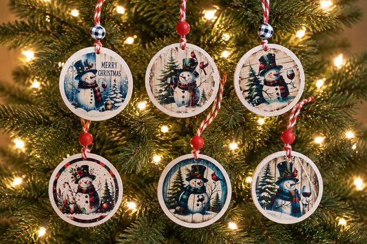 Decoupaged Snowman Wood Round Christmas Tree Ornaments, Gift Tags, Set of 6