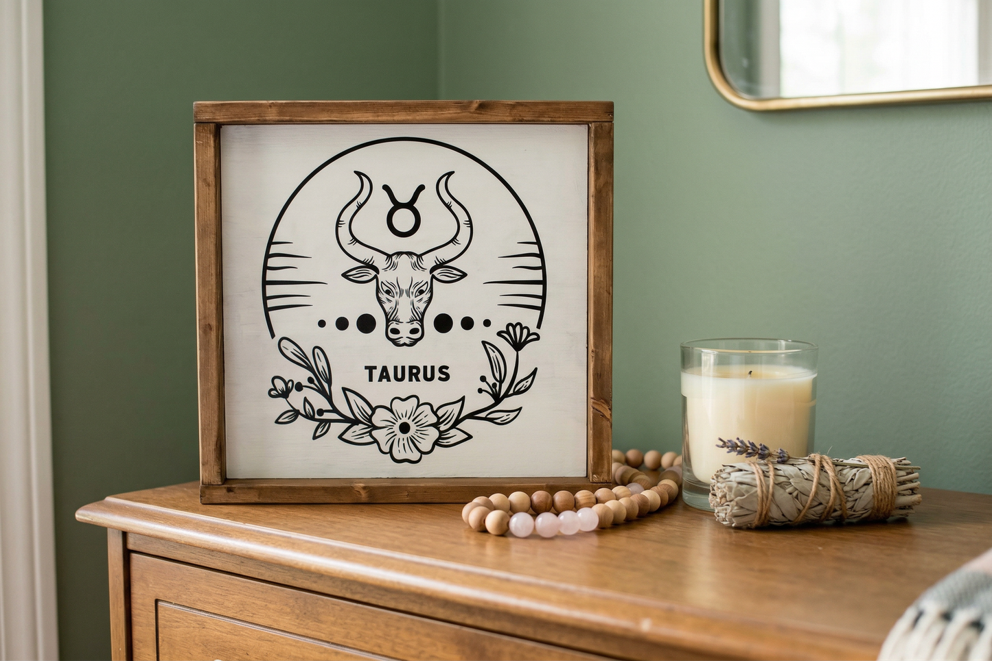 Taurus Zodiac Wood Sign, 8x8 Hand Painted Bull Wall Art, Earth Sign Astrology Decor, May Birthday Gift, Minimalist Celestial Star Sign