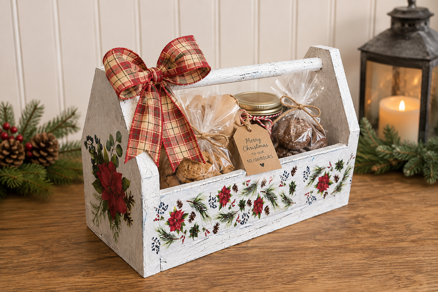 Christmas Wood Tote with Poinsettias, Farmhouse Christmas Decor, Rustic Holiday Centerpiece, Hot Cocoa Bar Decor, Gift Basket