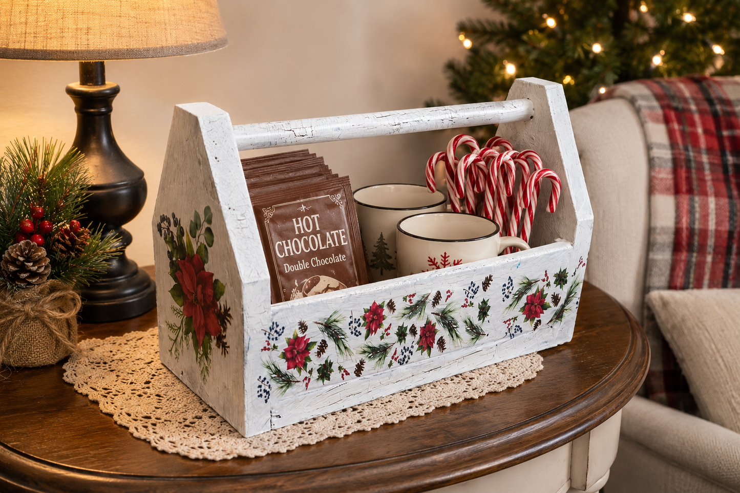 Christmas Wood Tote with Poinsettias, Farmhouse Christmas Decor, Rustic Holiday Centerpiece, Hot Cocoa Bar Decor, Gift Basket
