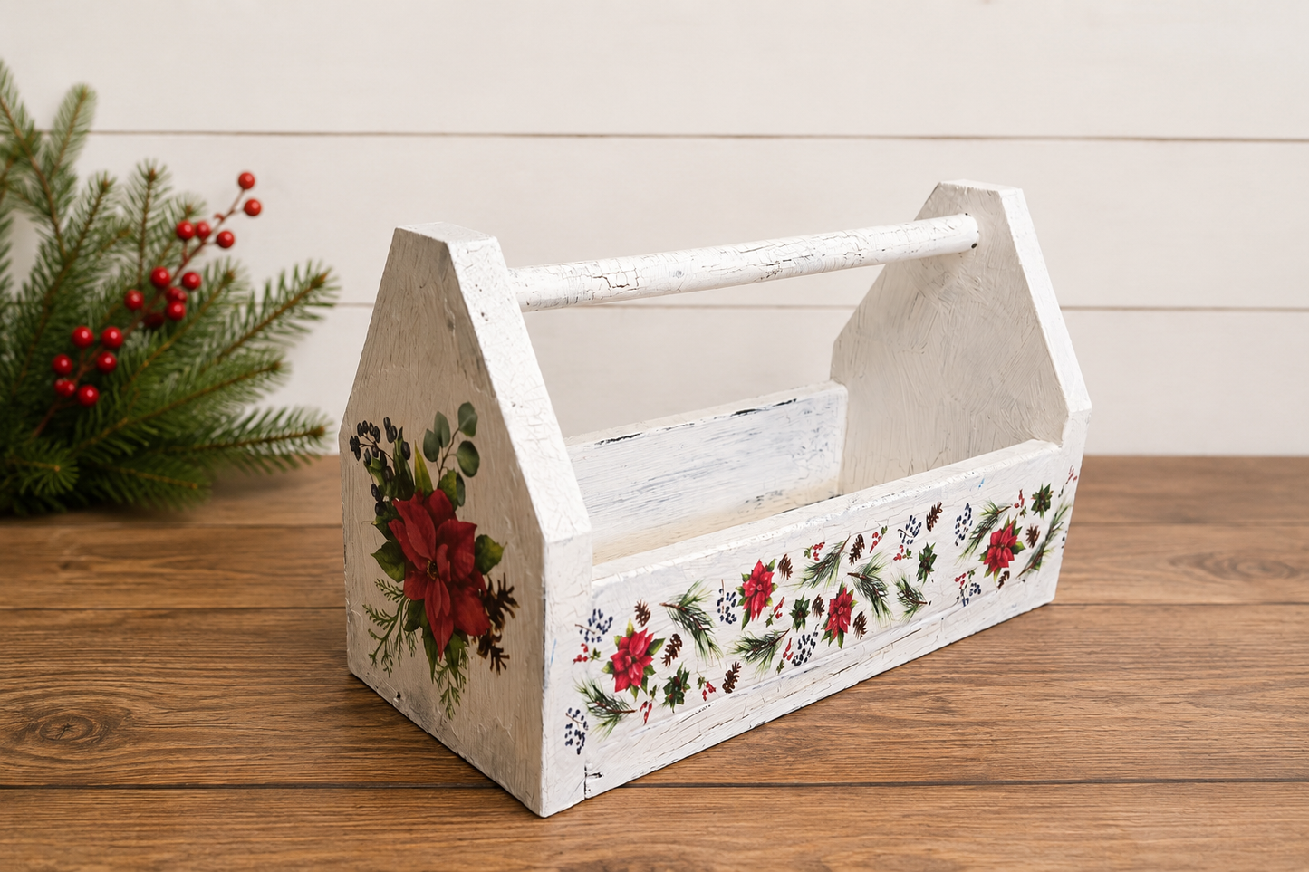 Christmas Wood Tote with Poinsettias, Farmhouse Christmas Decor, Rustic Holiday Centerpiece, Hot Cocoa Bar Decor, Gift Basket