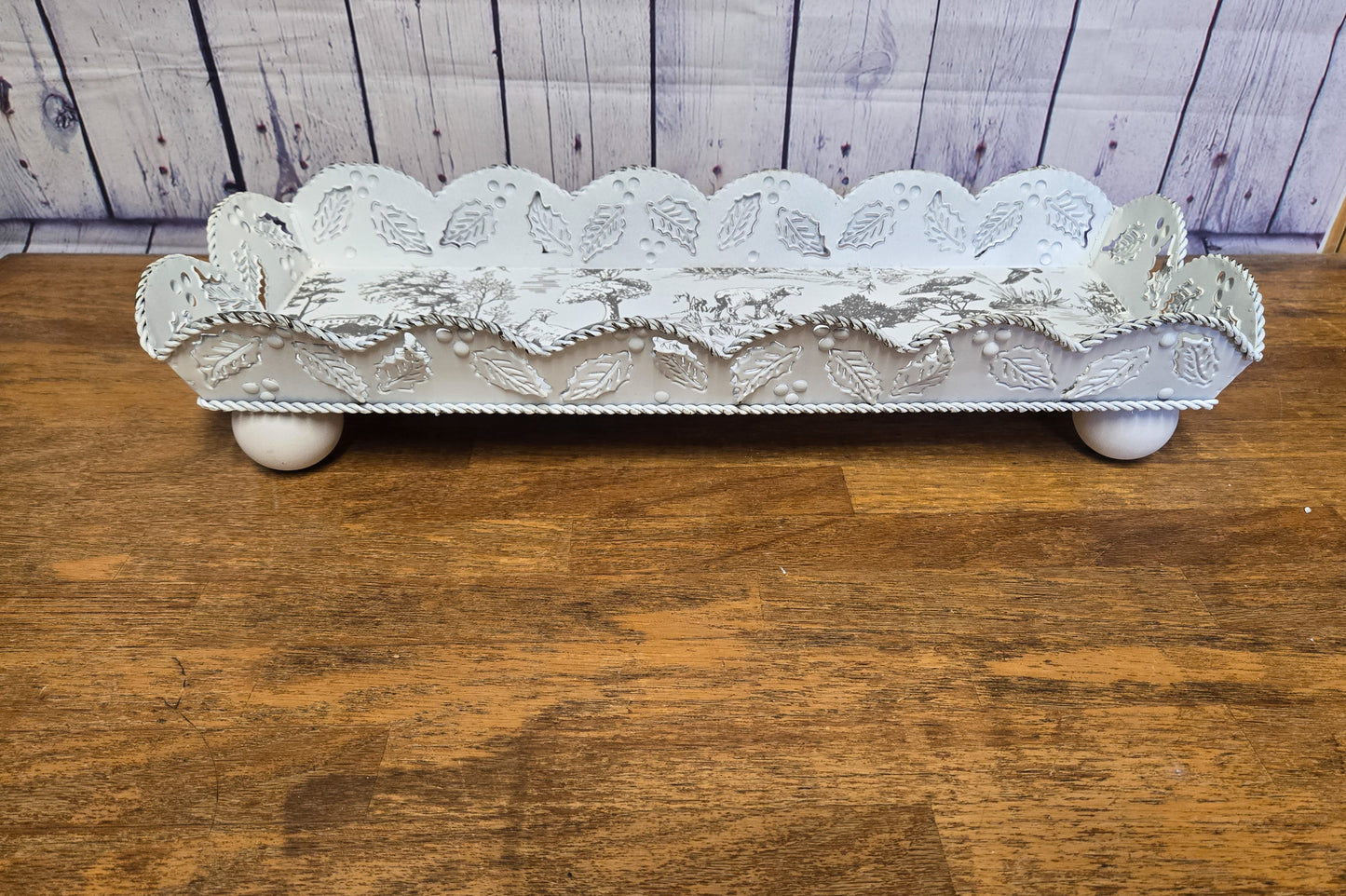Upcycled French Toile Metal Tray, Long Footed Table Centerpiece, Distressed Country Pastoral Tray, 18 In Ruffled Toile Risers