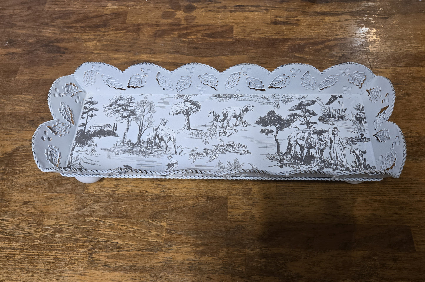 Upcycled French Toile Metal Tray, Long Footed Table Centerpiece, Distressed Country Pastoral Tray, 18 In Ruffled Toile Risers