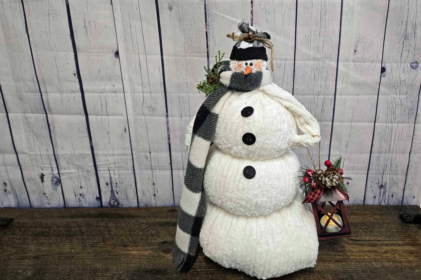 Cozy White Chenille Standing Snowman with Buffalo Plaid Scarf & Lantern