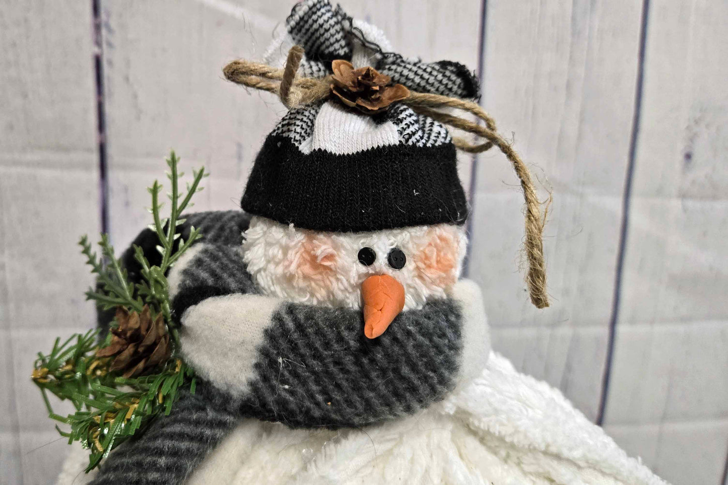 Cozy White Chenille Standing Snowman with Buffalo Plaid Scarf & Lantern