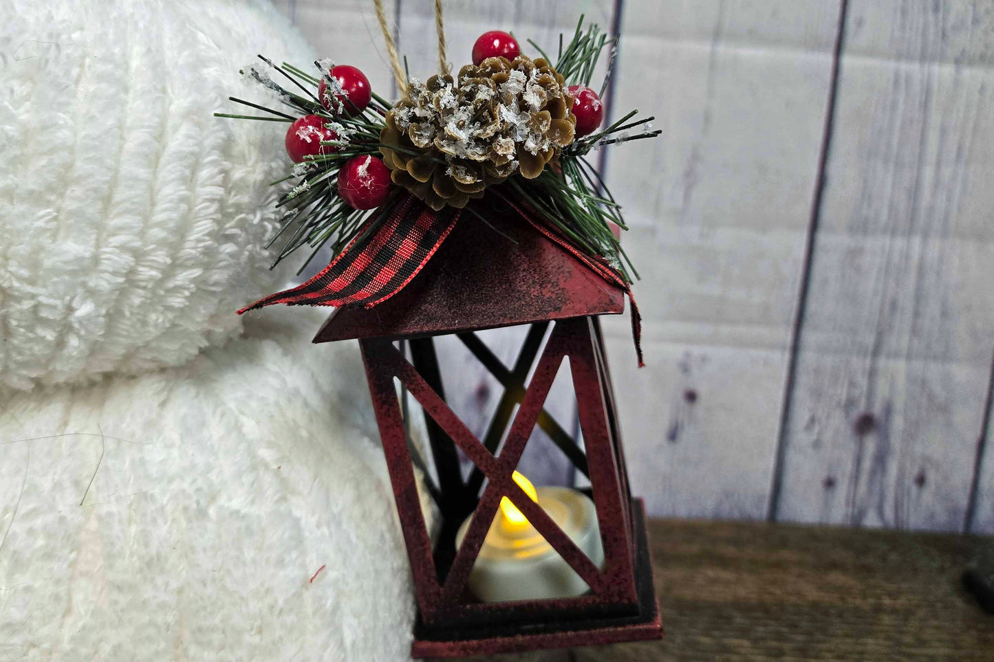 Cozy White Chenille Standing Snowman with Buffalo Plaid Scarf & Lantern