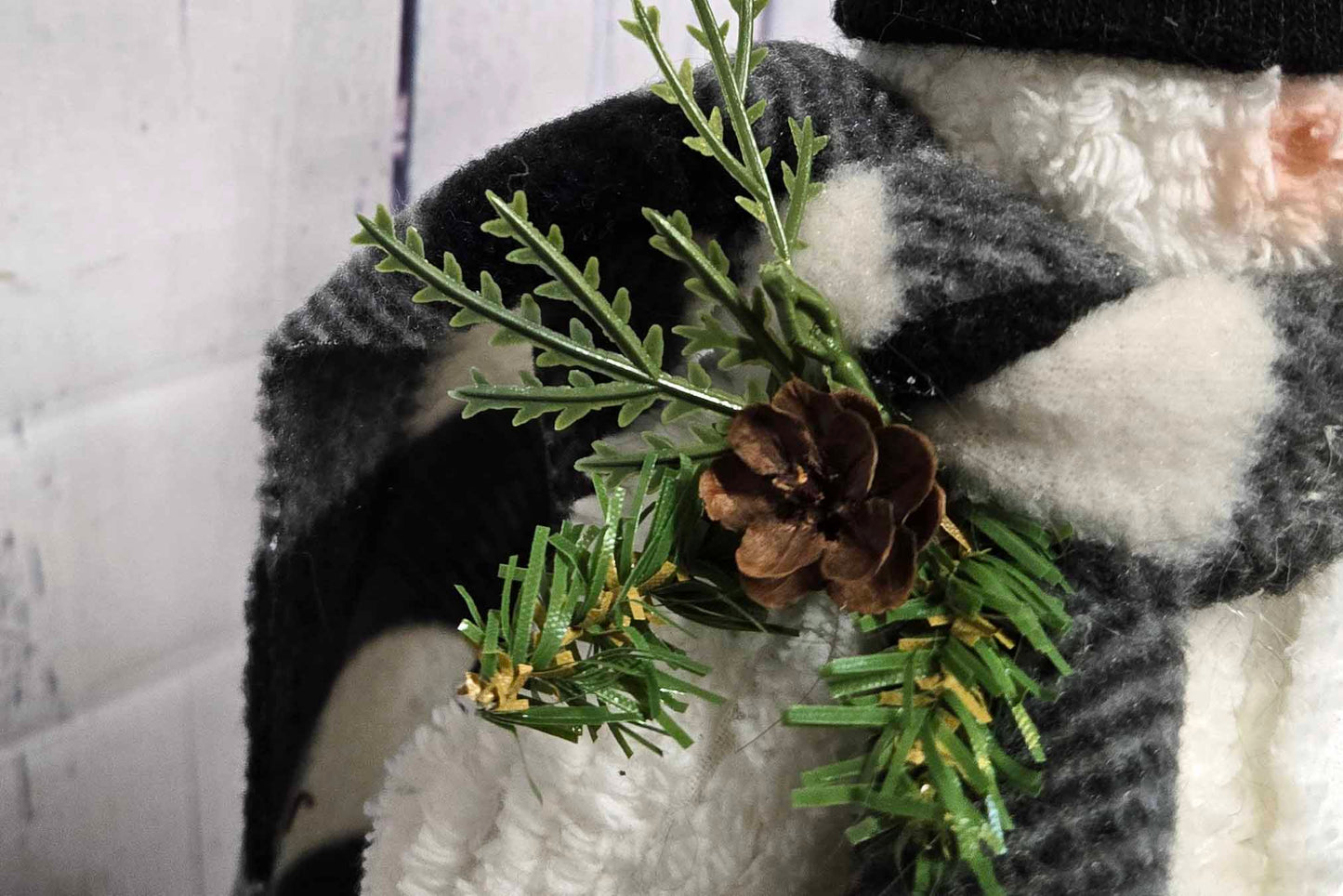 Cozy White Chenille Standing Snowman with Buffalo Plaid Scarf & Lantern