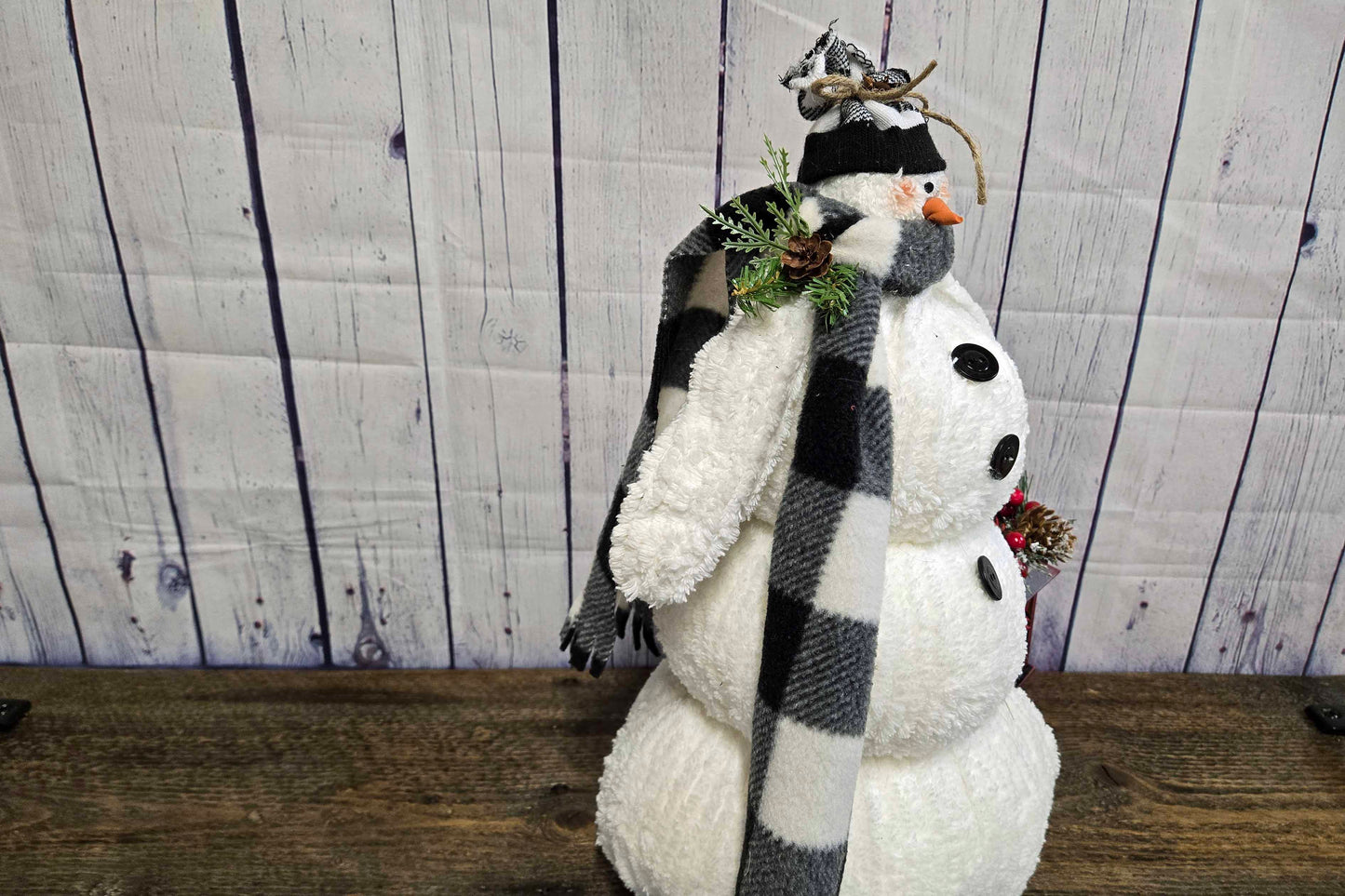 Cozy White Chenille Standing Snowman with Buffalo Plaid Scarf & Lantern