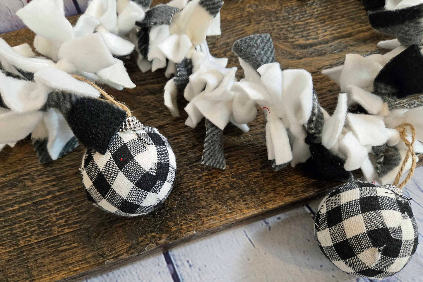 Buffalo Plaid Rag Garland with Christmas Balls For Holiday Decorating