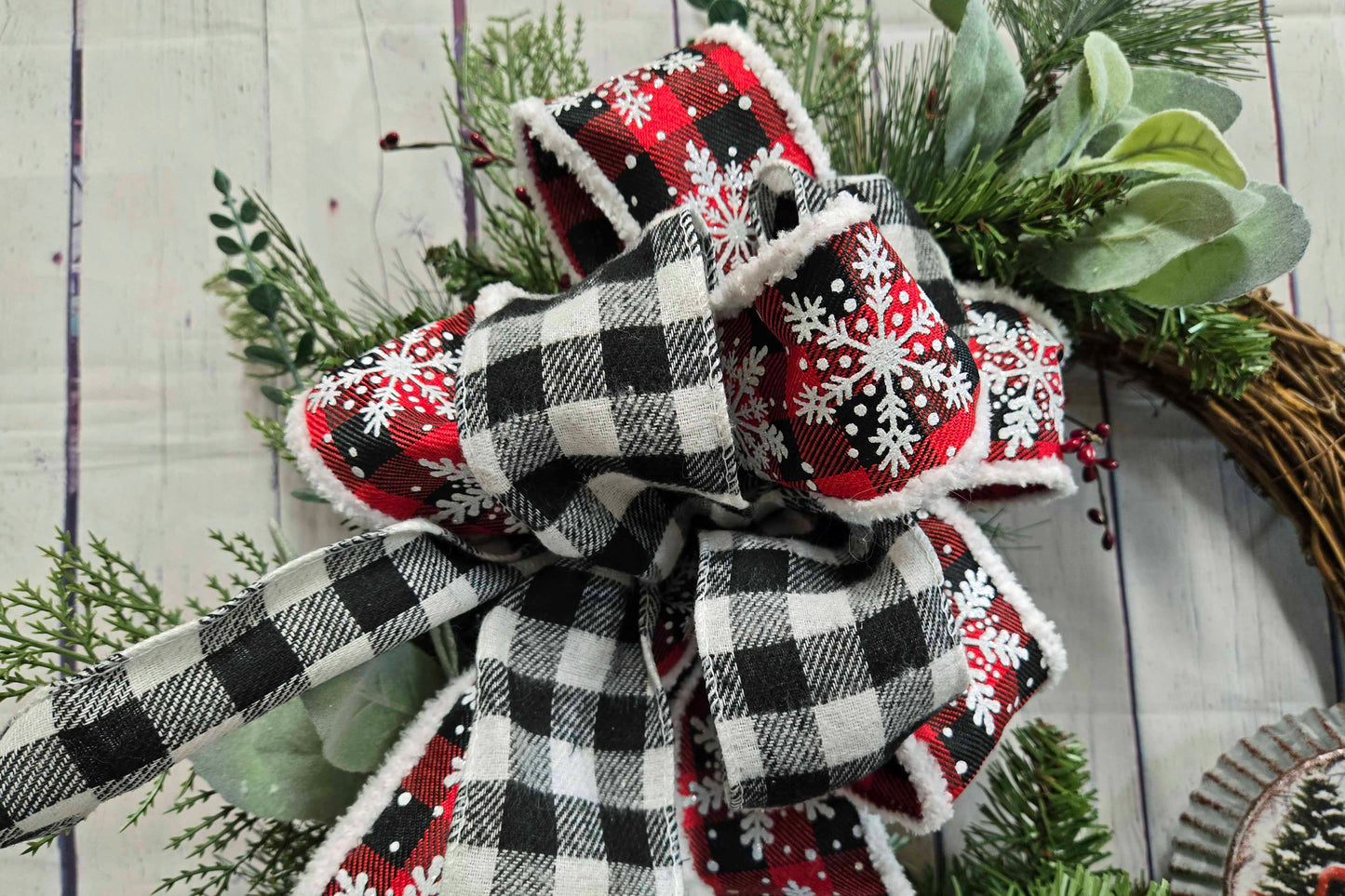 Farmhouse Black White Buffalo Plaid Christmas Wreath, Red Truck, Rustic Door Decor, Grapevine Winter Holiday