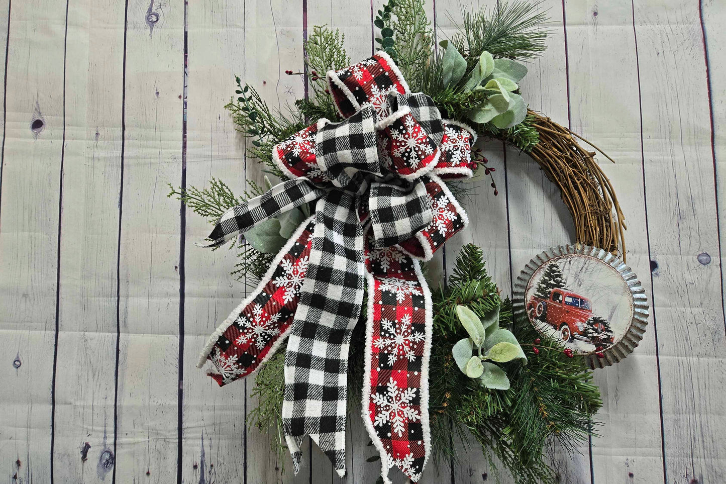 Farmhouse Black White Buffalo Plaid Christmas Wreath, Red Truck, Rustic Door Decor, Grapevine Winter Holiday