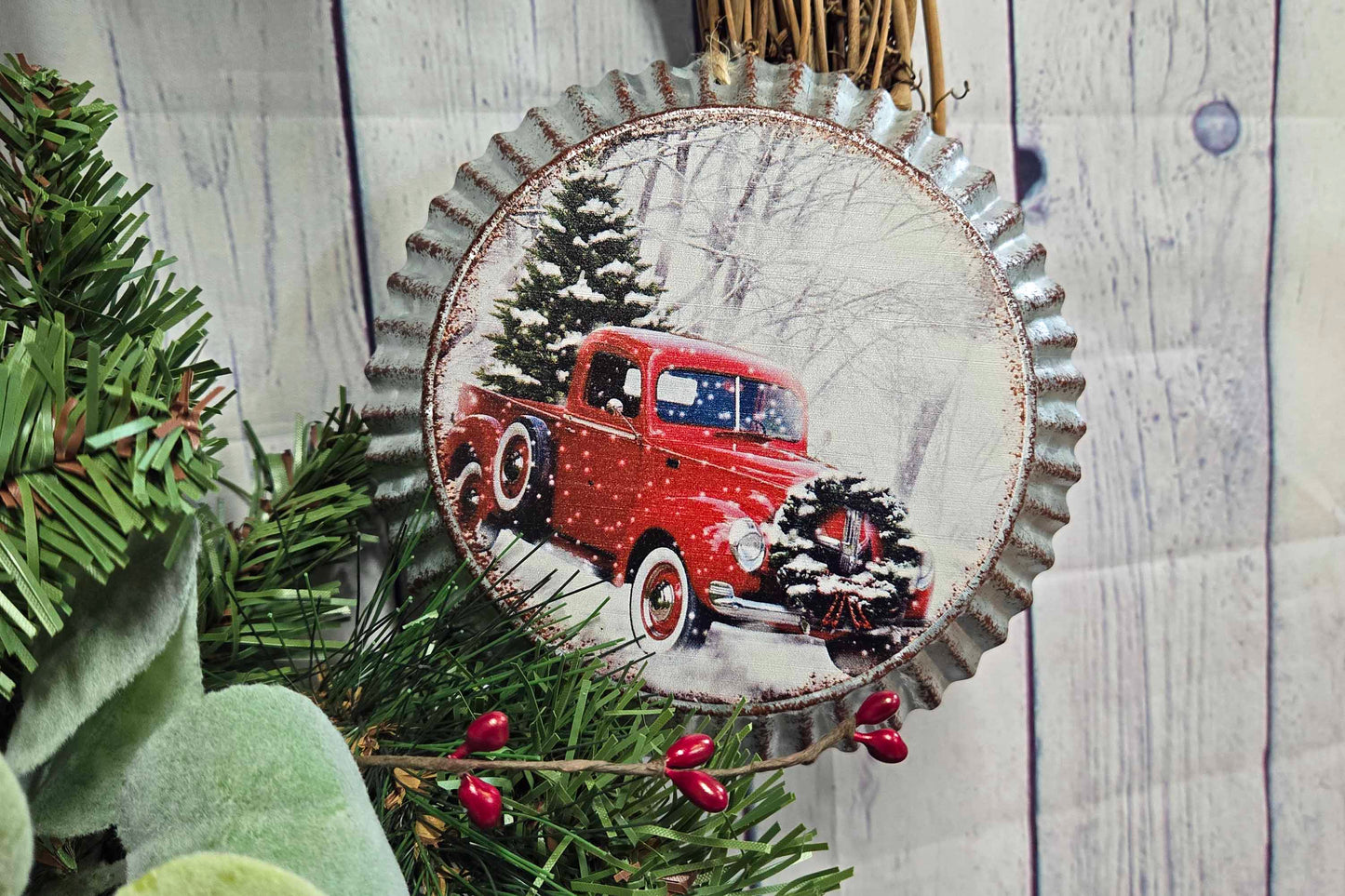 Farmhouse Black White Buffalo Plaid Christmas Wreath, Red Truck, Rustic Door Decor, Grapevine Winter Holiday